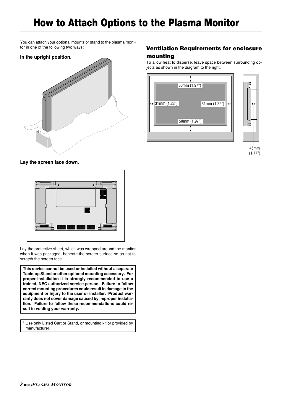 How to attach options to the plasma monitor, Ventilation requirements for enclosure mounting | NEC PlasmaSync 42PD3 User Manual | Page 8 / 70