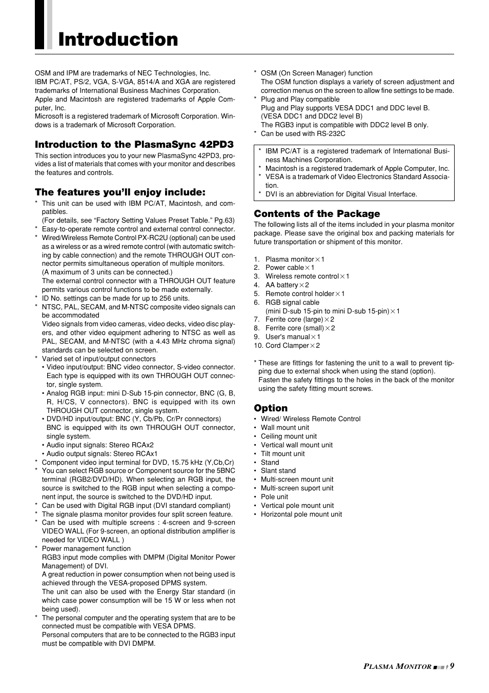 Introduction, Introduction to the plasmasync 42pd3, The features you’ll enjoy include | Contents of the package, Option | NEC PlasmaSync 42PD3 User Manual | Page 9 / 70