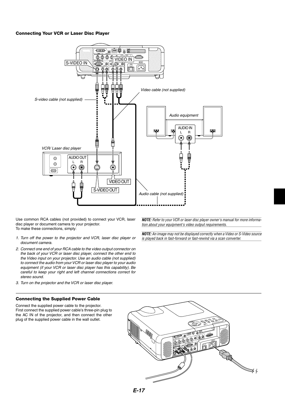 E-17, S-video in, Video out video in s-video out | Connecting your vcr or laser disc player, Connecting the supplied power cable, Vcr/ laser disc player, Audio out, Audio in | NEC MT1065 User Manual | Page 21 / 70