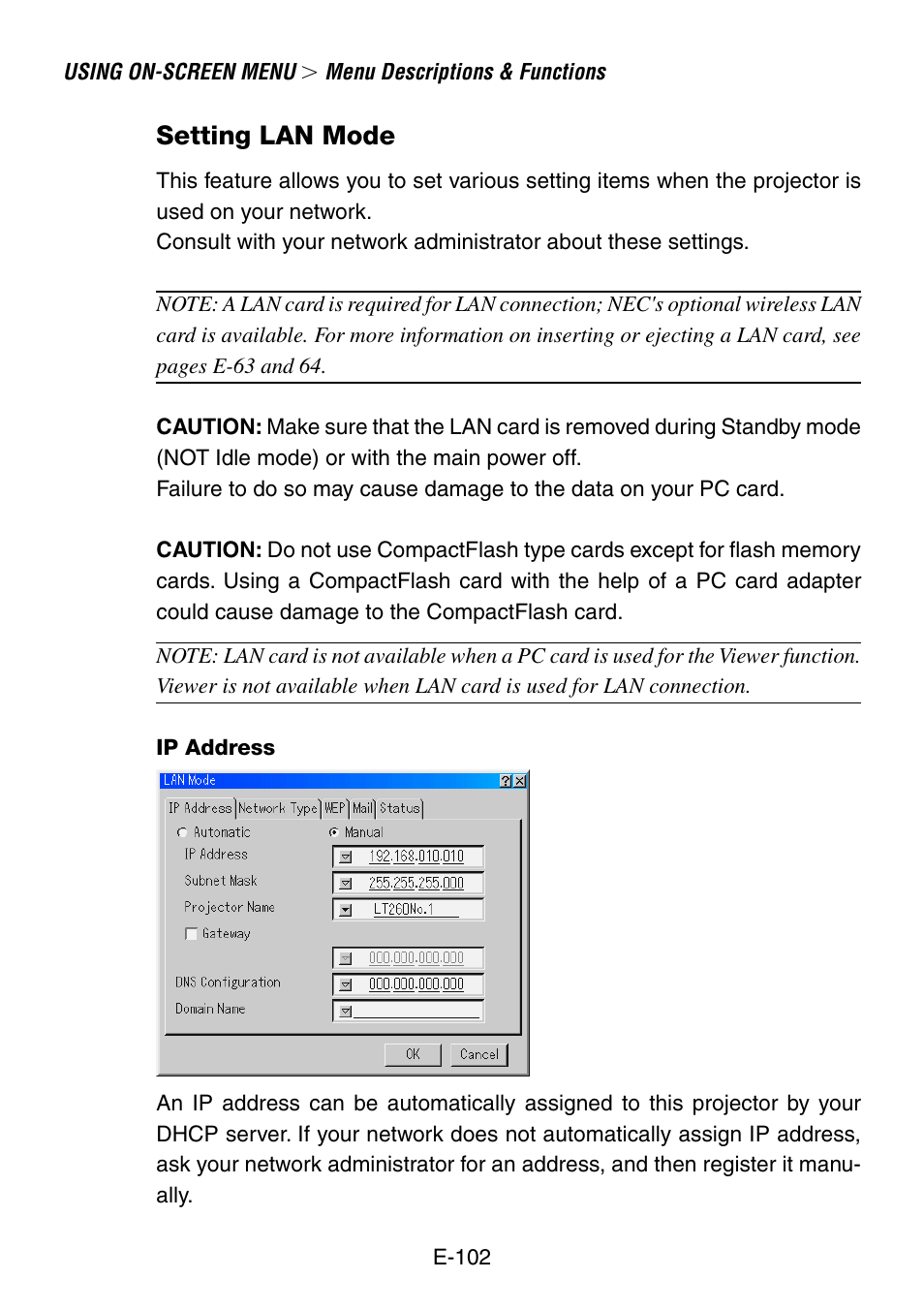 Setting lan mode, Ip address | NEC LT260 User Manual | Page 102 / 149