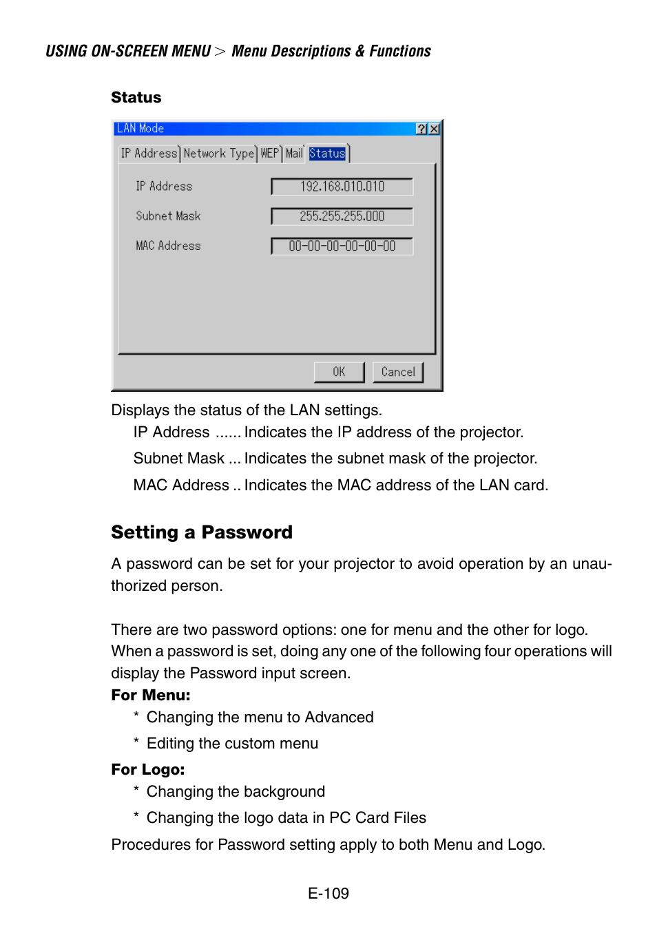 Status, Setting a passcode, Setting a password | NEC LT260 User Manual | Page 109 / 149