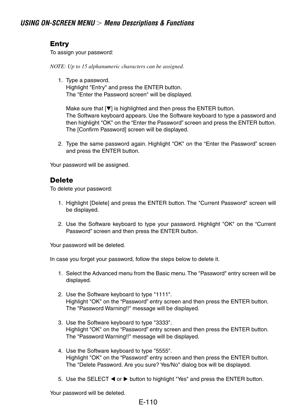 Using on-screen menu, Menu descriptions & functions | NEC LT260 User Manual | Page 110 / 149