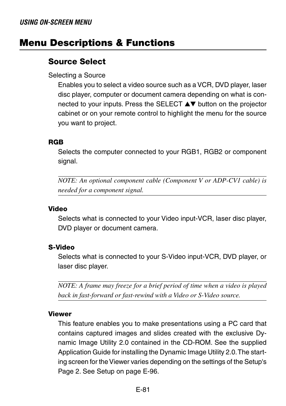 Menu descriptions & functions, Source select, Video | S-video, Viewer | NEC LT260 User Manual | Page 81 / 149
