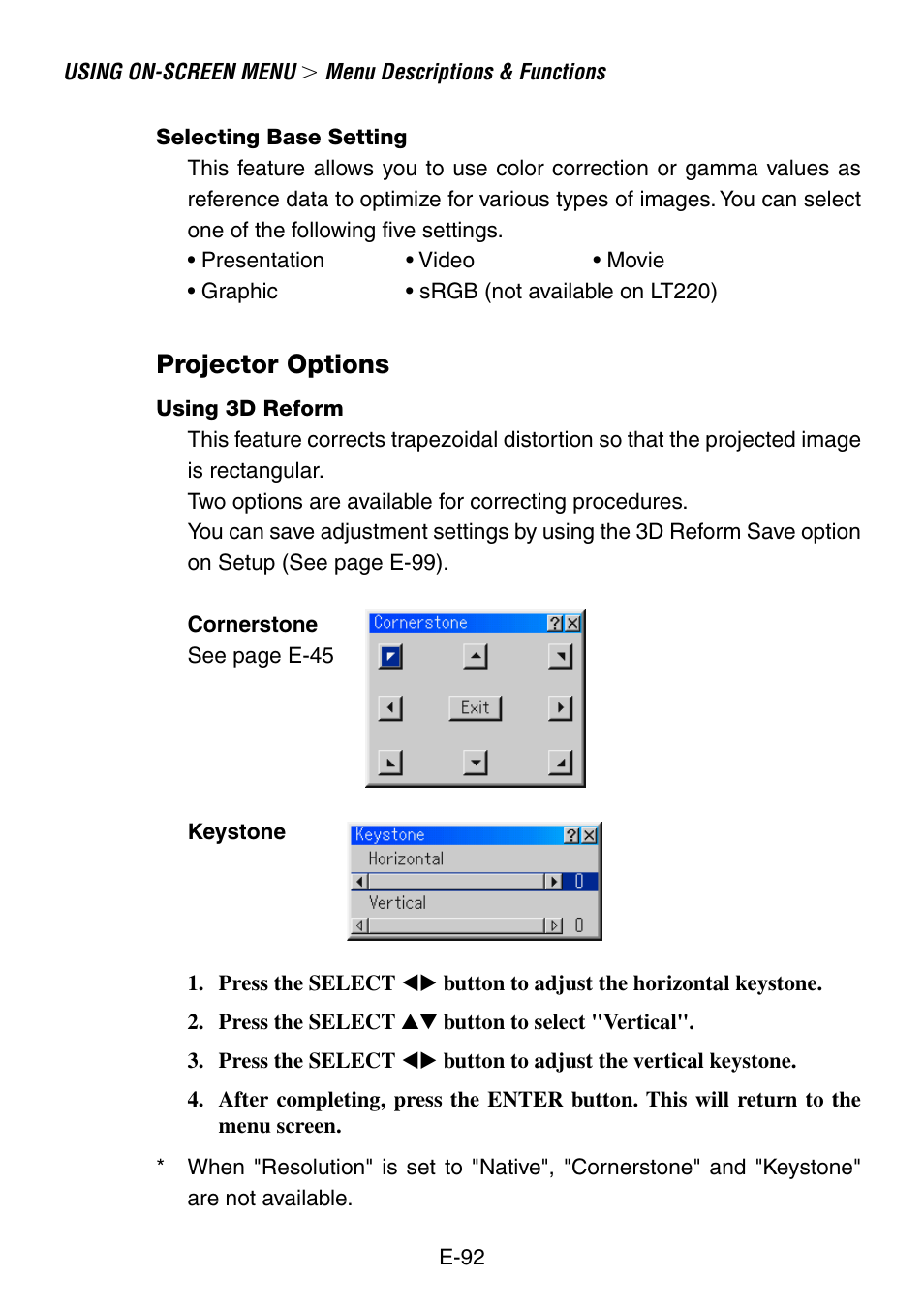 Selecting base setting, Projector options, Using 3d reform | NEC LT260 User Manual | Page 92 / 149