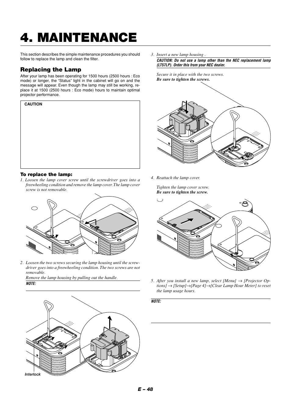 Maintenance, Replacing the lamp | NEC LT158 User Manual | Page 52 / 61