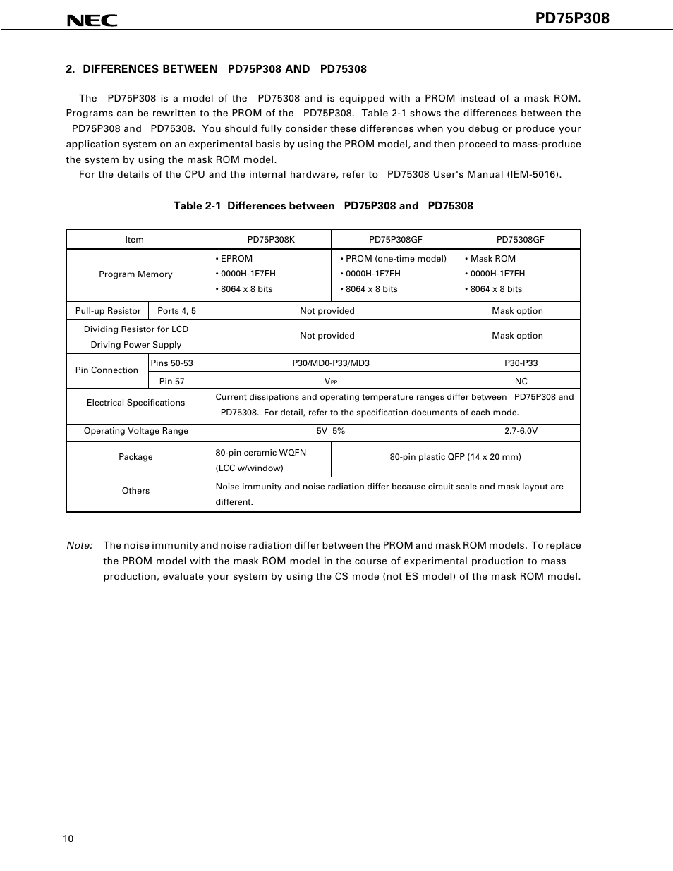 Differences between upd75p308 and upd75308 | NEC PD75P308 User Manual | Page 10 / 34
