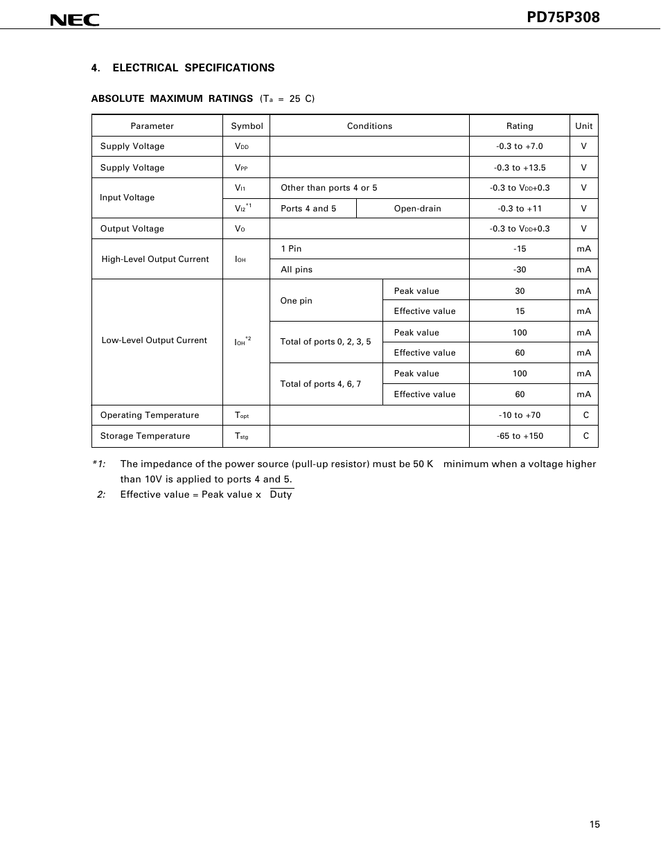 Electrical specifications | NEC PD75P308 User Manual | Page 15 / 34