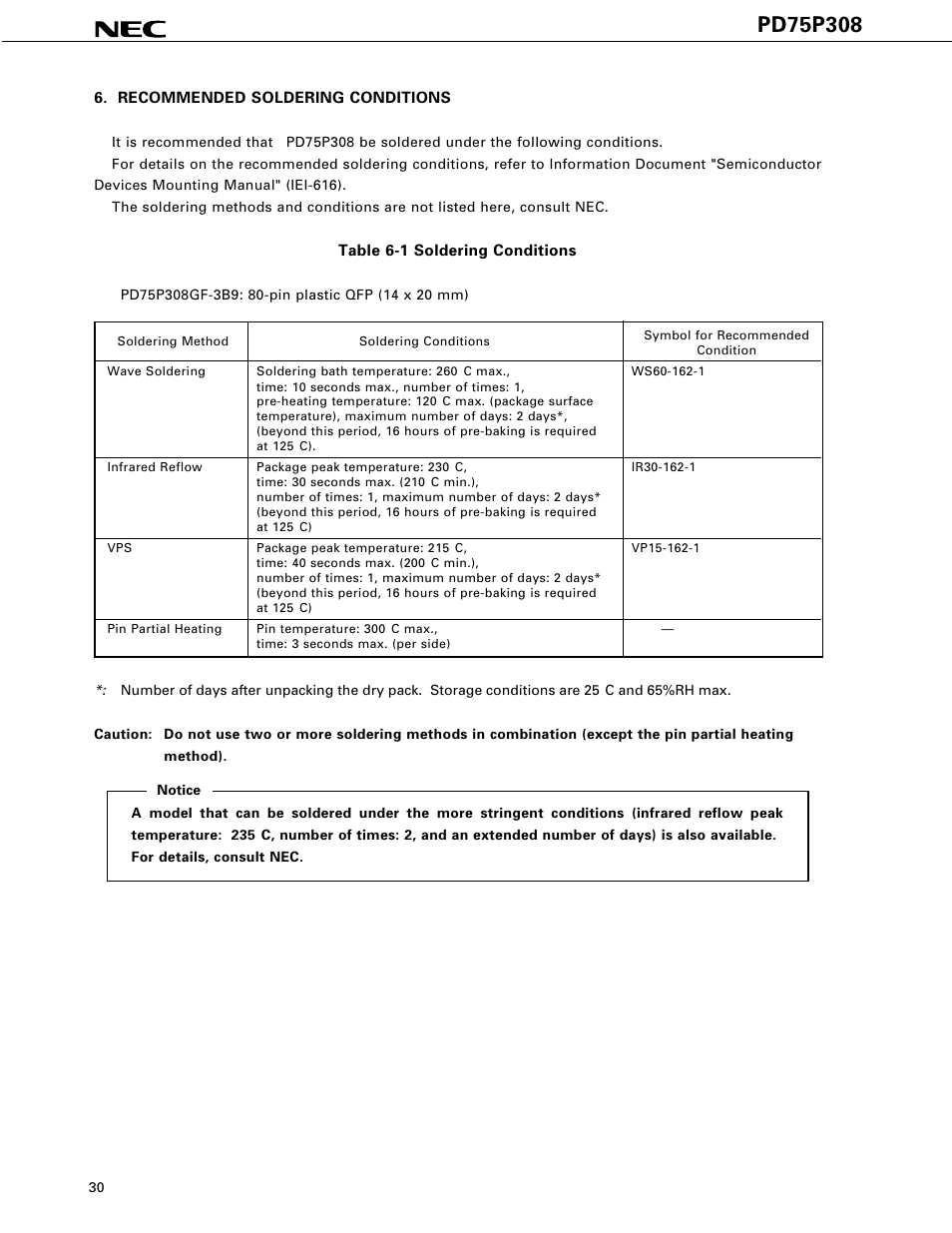 Recommended soldering conditions | NEC PD75P308 User Manual | Page 30 / 34