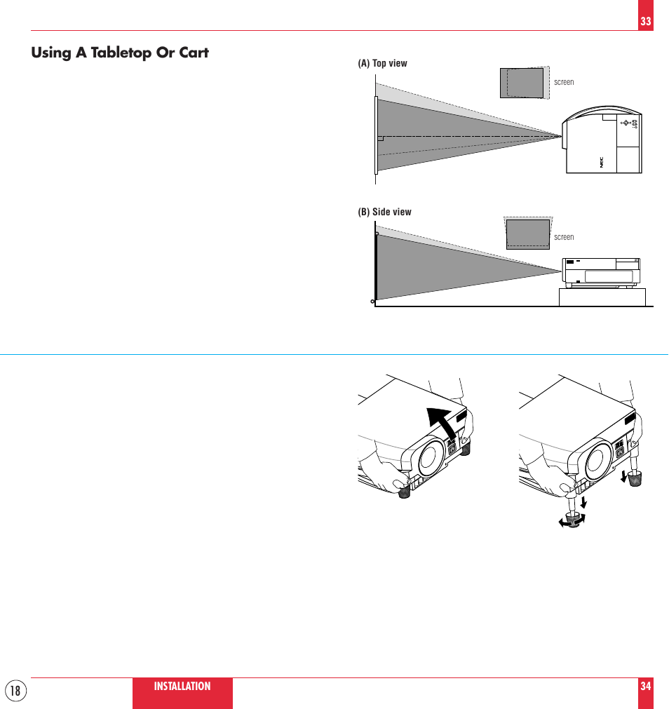 Using a tabletop or cart | NEC MT830 User Manual | Page 18 / 55