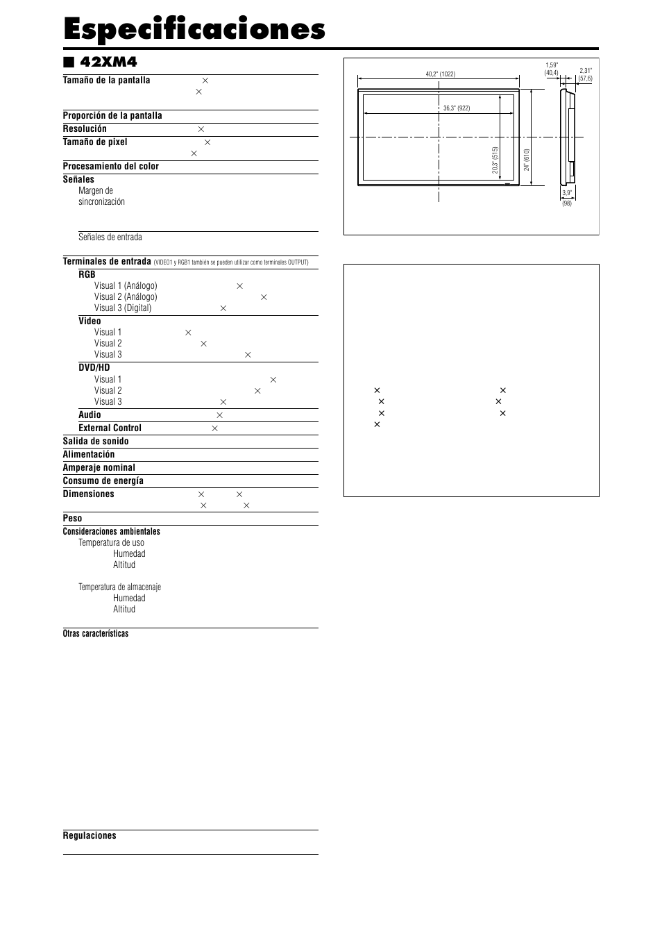 Especificaciones, 42xm4 | NEC PX-42XM4A User Manual | Page 139 / 192