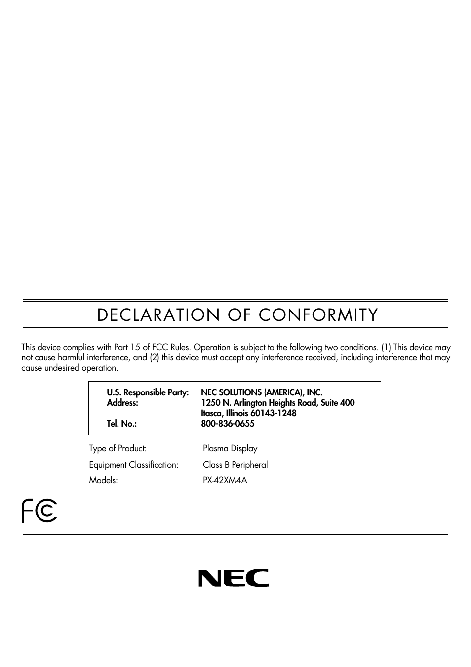 Declaration of conformity | NEC PX-42XM4A User Manual | Page 190 / 192