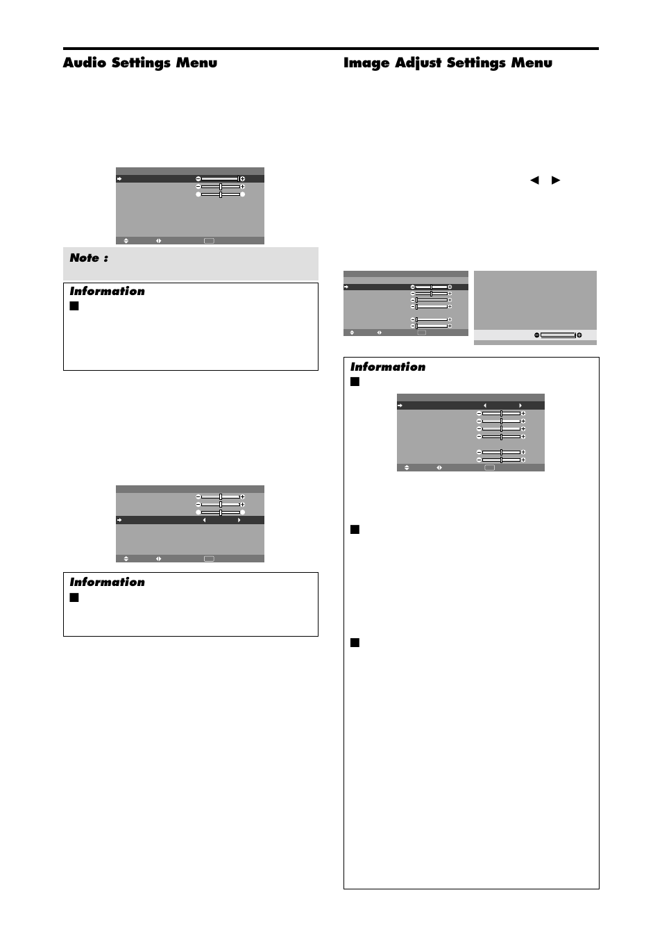 Audio settings menu, Image adjust settings menu, Button is pressed | Information Ⅵ when “auto picture” is “off | NEC PX-42XM4A User Manual | Page 23 / 192