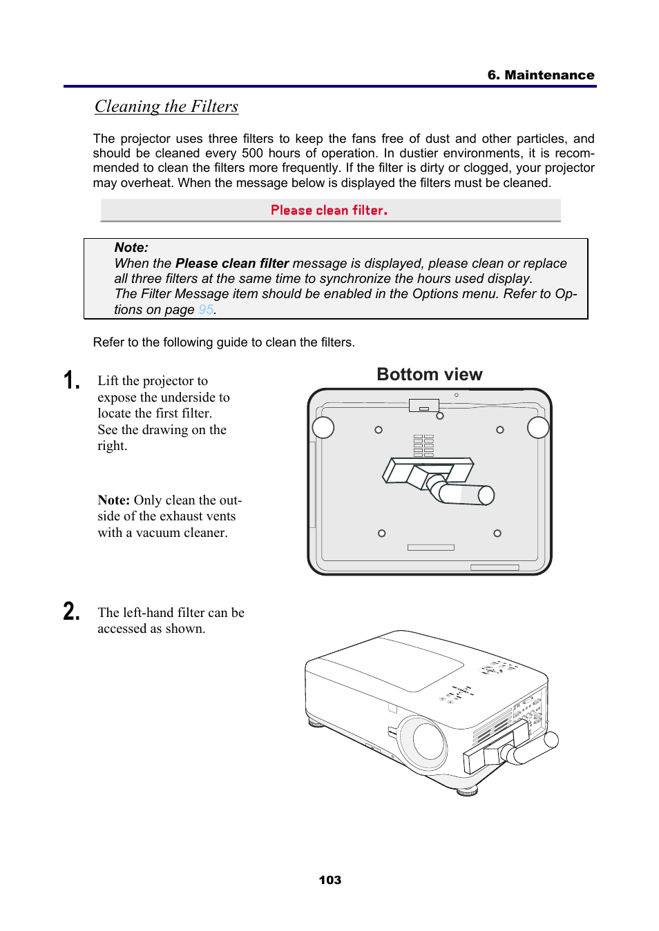 Cleaning the filters, Bottom view | NEC NP4001/NP4000 User Manual | Page 115 / 151