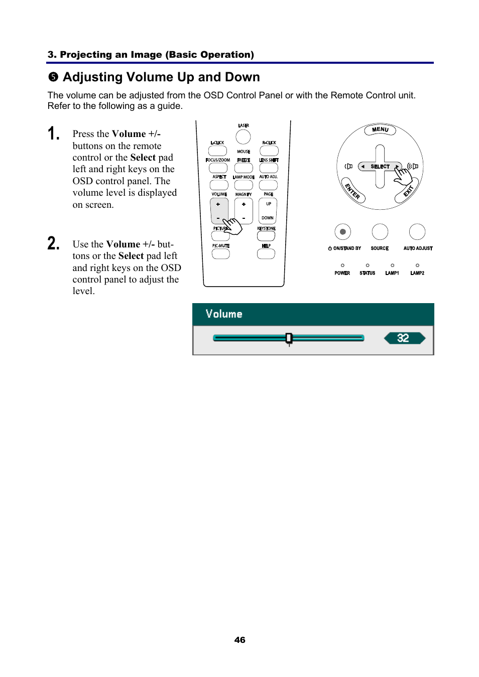 5) adjusting volume up and down, Djusting, Olume | P and | NEC NP4001/NP4000 User Manual | Page 58 / 151