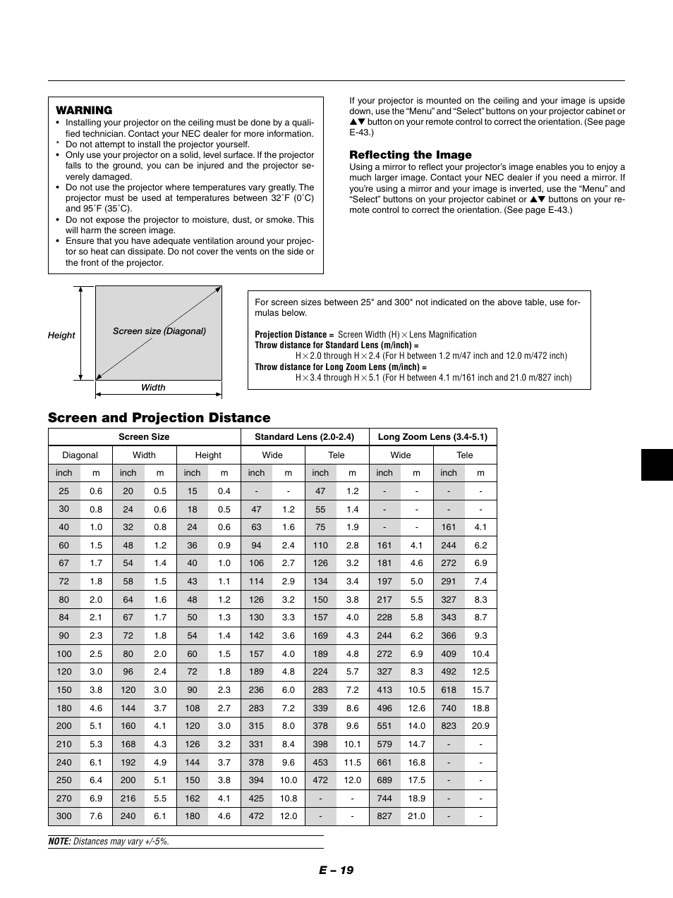 Screen and projection distance, E – 19 warning, Reflecting the image | NEC GT950 User Manual | Page 19 / 66