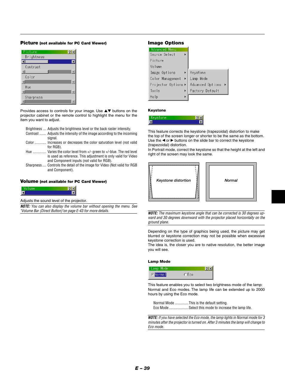 E – 39 picture, Volume, Image options | NEC GT950 User Manual | Page 39 / 66