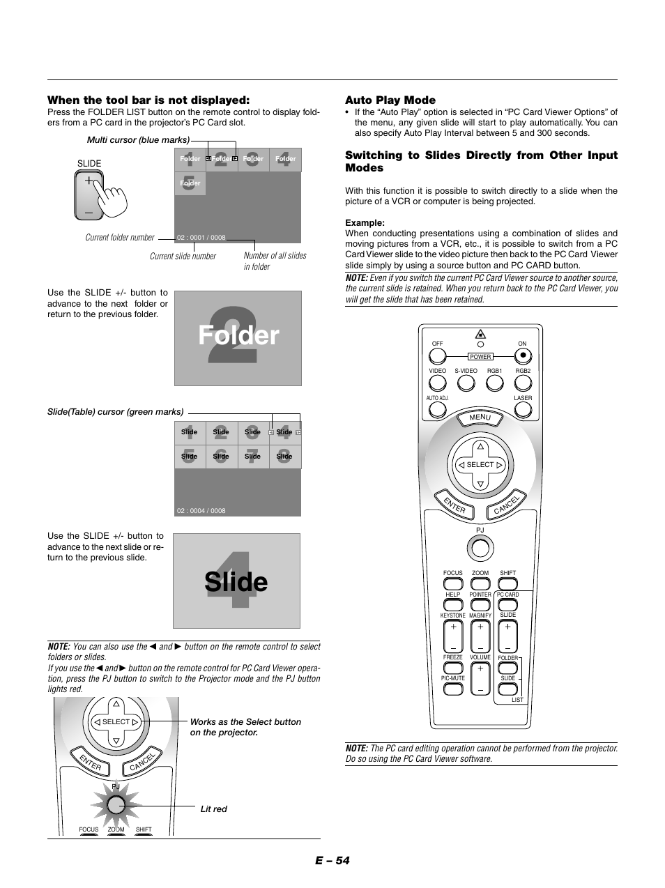 Slide, Folder, E – 54 | When the tool bar is not displayed, Auto play mode | NEC GT950 User Manual | Page 54 / 66