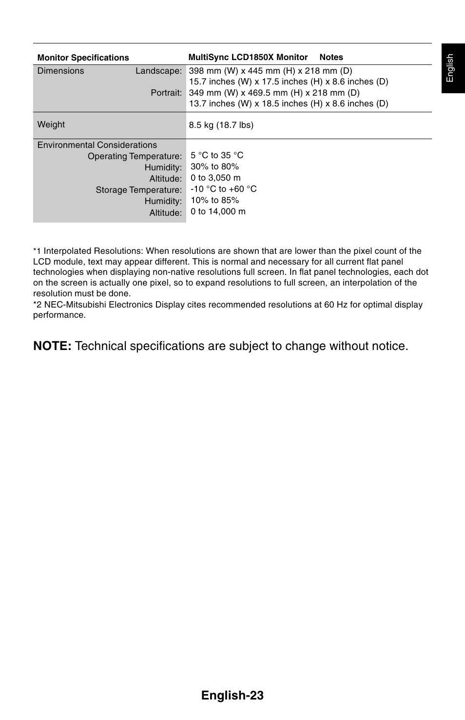 English-23 | NEC 1850X User Manual | Page 24 / 34