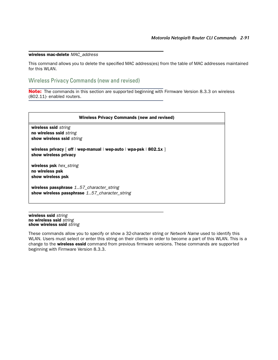 Wireless privacy commands (new and revised), Wireless privacy commands (new and revised) -91 | Netopia CLI 874 User Manual | Page 103 / 207