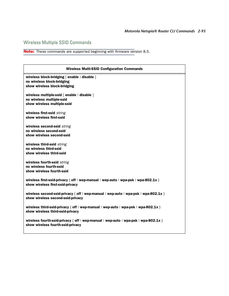 Wireless multiple ssid commands, Wireless multiple ssid commands -93 | Netopia CLI 874 User Manual | Page 105 / 207