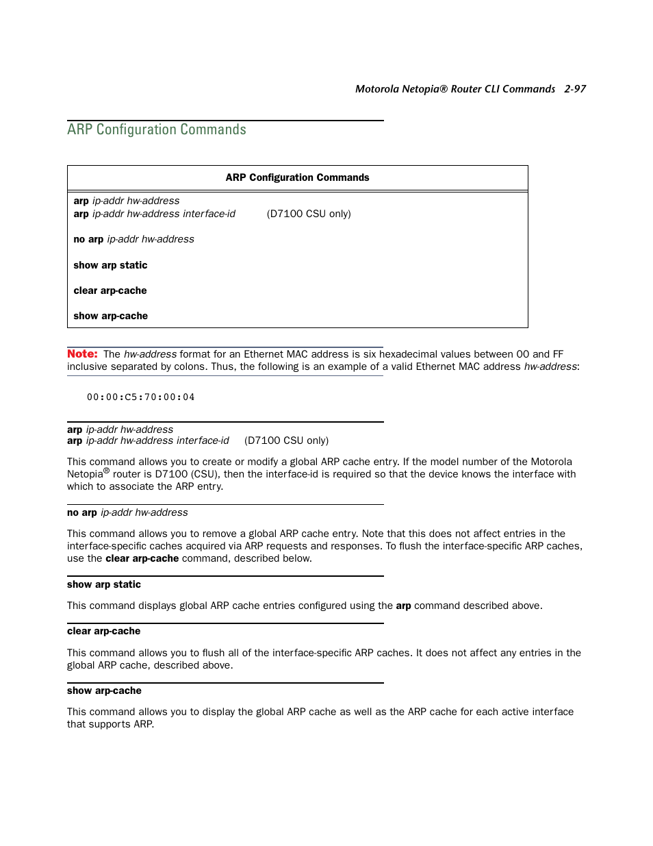 Arp configuration commands, Arp configuration commands -97 | Netopia CLI 874 User Manual | Page 109 / 207