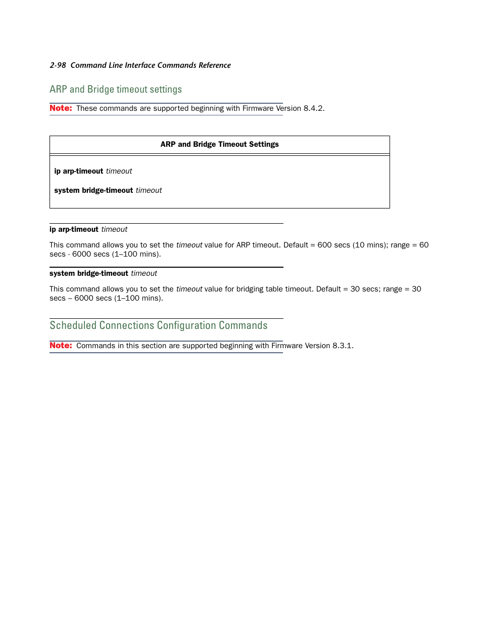 Arp and bridge timeout settings, Scheduled connections configuration commands, Arp and bridge timeout settings -98 | Scheduled connections configuration commands -98 | Netopia CLI 874 User Manual | Page 110 / 207