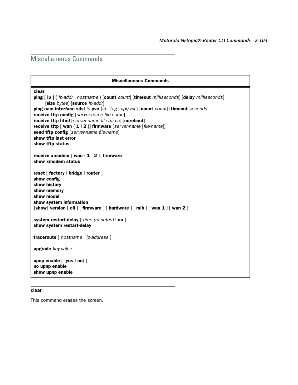 Miscellaneous commands, Miscellaneous commands -103 | Netopia CLI 874 User Manual | Page 115 / 207