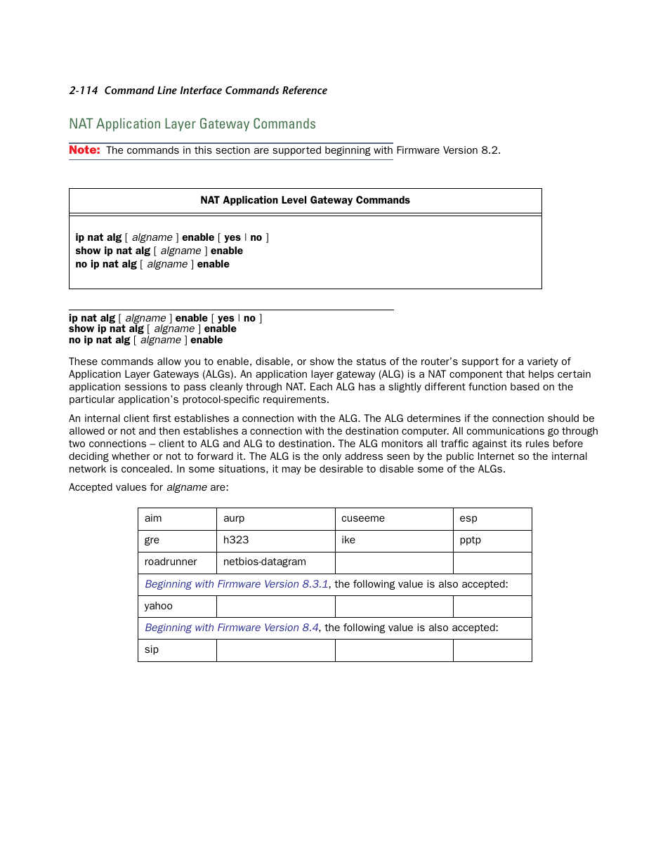 Nat application layer gateway commands, Nat application layer gateway commands -114 | Netopia CLI 874 User Manual | Page 126 / 207