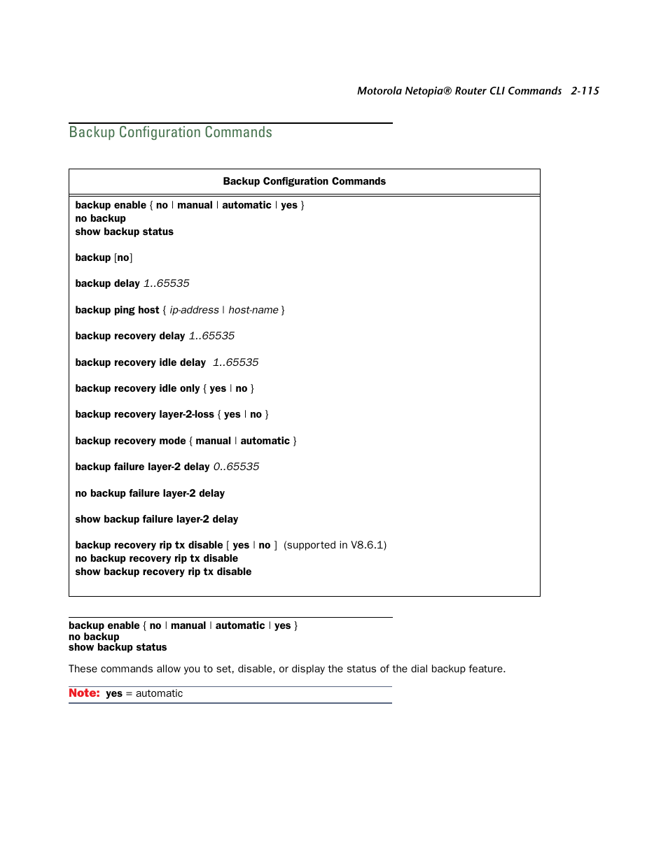 Backup configuration commands, Backup configuration commands -115, Om minutes to seconds. see | Netopia CLI 874 User Manual | Page 127 / 207