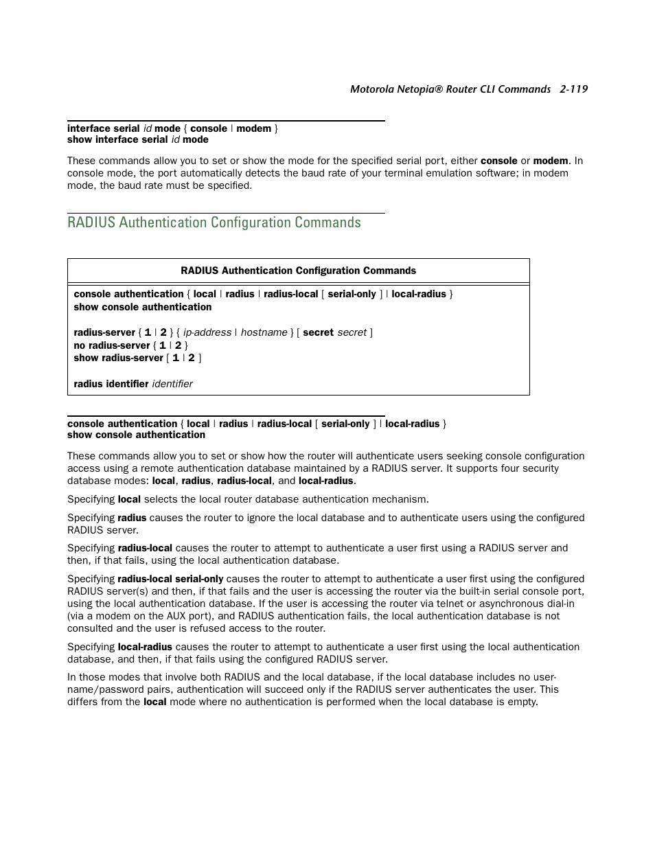Radius authentication configuration commands, Radius authentication configuration commands -119 | Netopia CLI 874 User Manual | Page 131 / 207