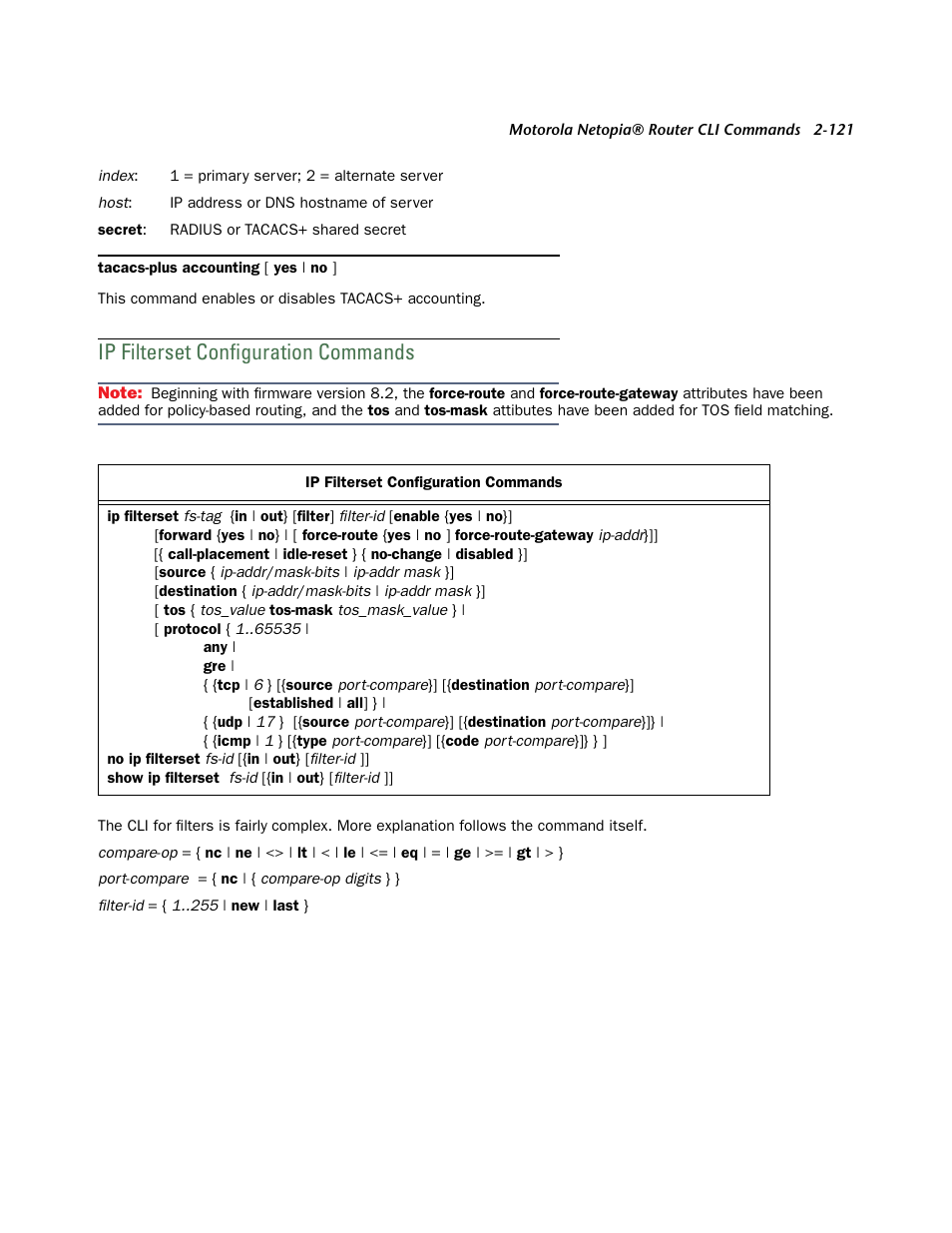 Ip filterset configuration commands, Ip filterset configuration commands -121, Esponding to the name of a filterset. see | Ip filterset, For mor | Netopia CLI 874 User Manual | Page 133 / 207