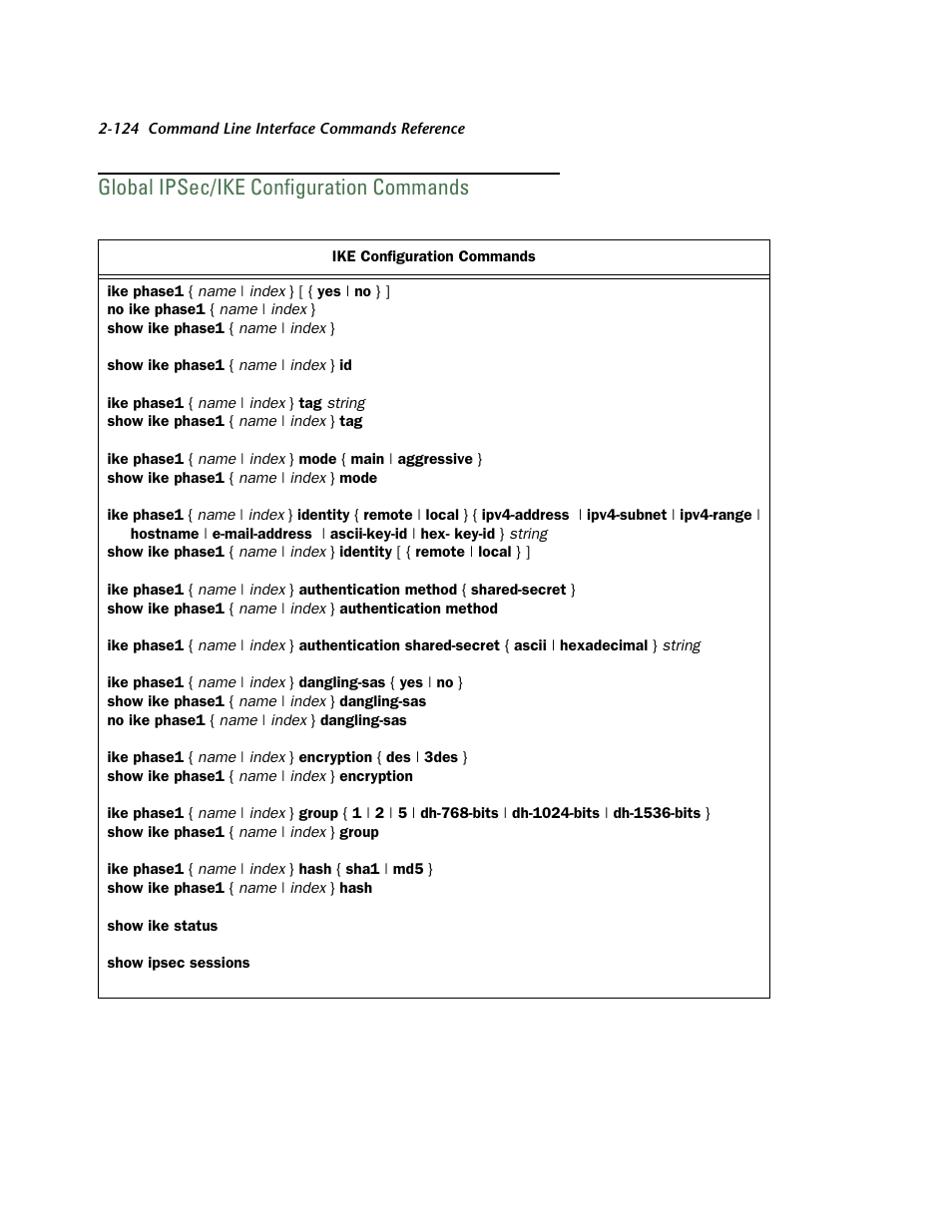 Global ipsec/ike configuration commands, Global ipsec/ike configuration commands -124 | Netopia CLI 874 User Manual | Page 136 / 207