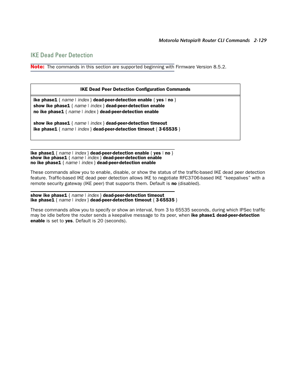 Ike dead peer detection, Ike dead peer detection -129 | Netopia CLI 874 User Manual | Page 141 / 207