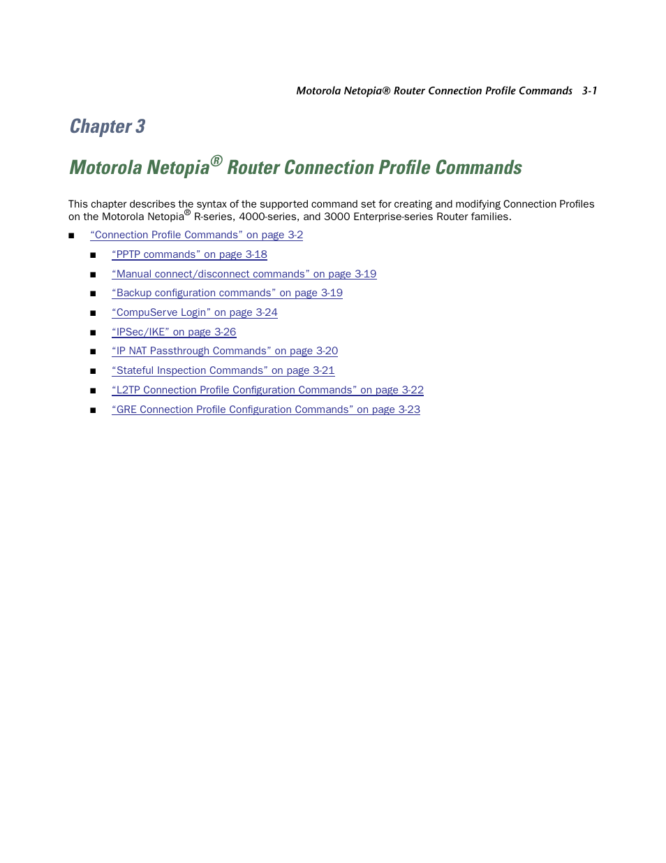 Chapter 3, Chapter 3 motorola netopia, Router connection profile commands | Netopia CLI 874 User Manual | Page 145 / 207