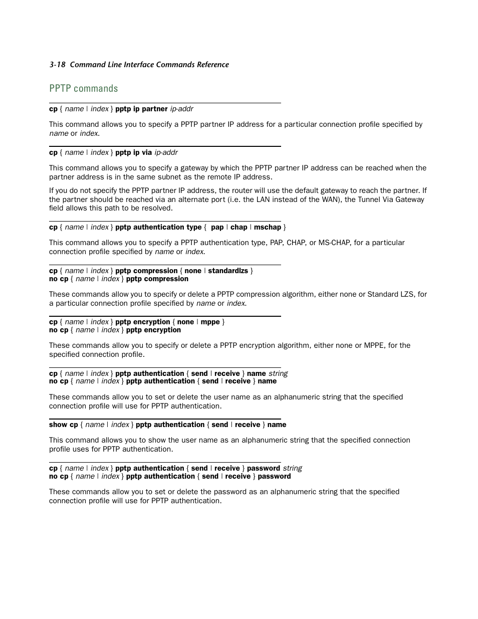 Pptp commands, Pptp commands -18 | Netopia CLI 874 User Manual | Page 162 / 207