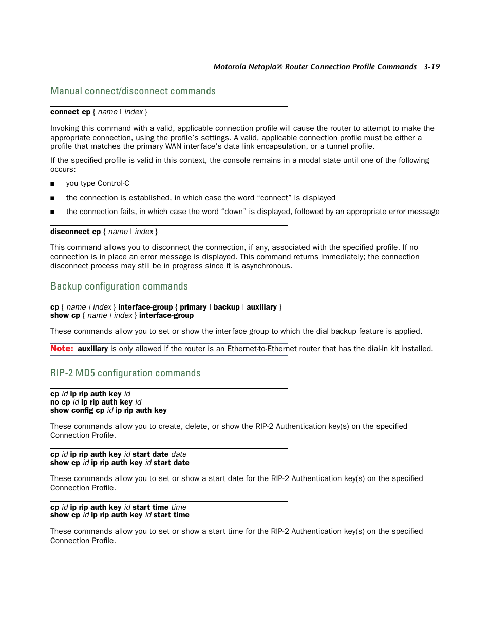 Manual connect/disconnect commands, Backup configuration commands, Rip-2 md5 configuration commands | Manual connect/disconnect commands -19, Backup configuration commands -19, Rip-2 md5 configuration commands -19 | Netopia CLI 874 User Manual | Page 163 / 207