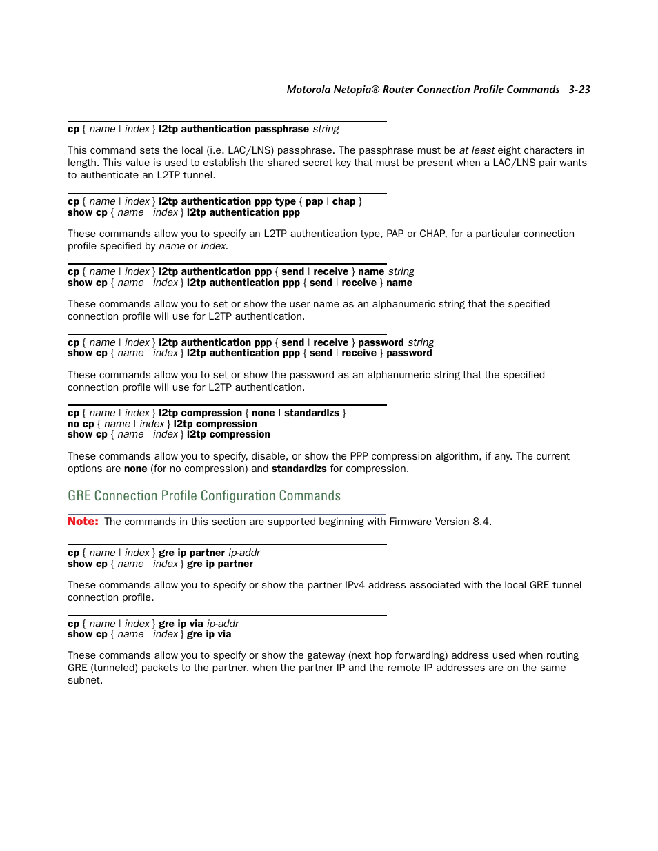 Gre connection profile configuration commands | Netopia CLI 874 User Manual | Page 167 / 207