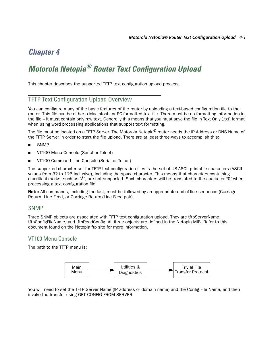 Chapter 4, Motorola netopia® router text configuration upload, Tftp text configuration upload overview | Snmp, Vt100 menu console, Tftp text configuration upload over view -1, Snmp -1, Vt100 menu console -1, Chapter 4 motorola netopia, Router text configuration upload | Netopia CLI 874 User Manual | Page 179 / 207