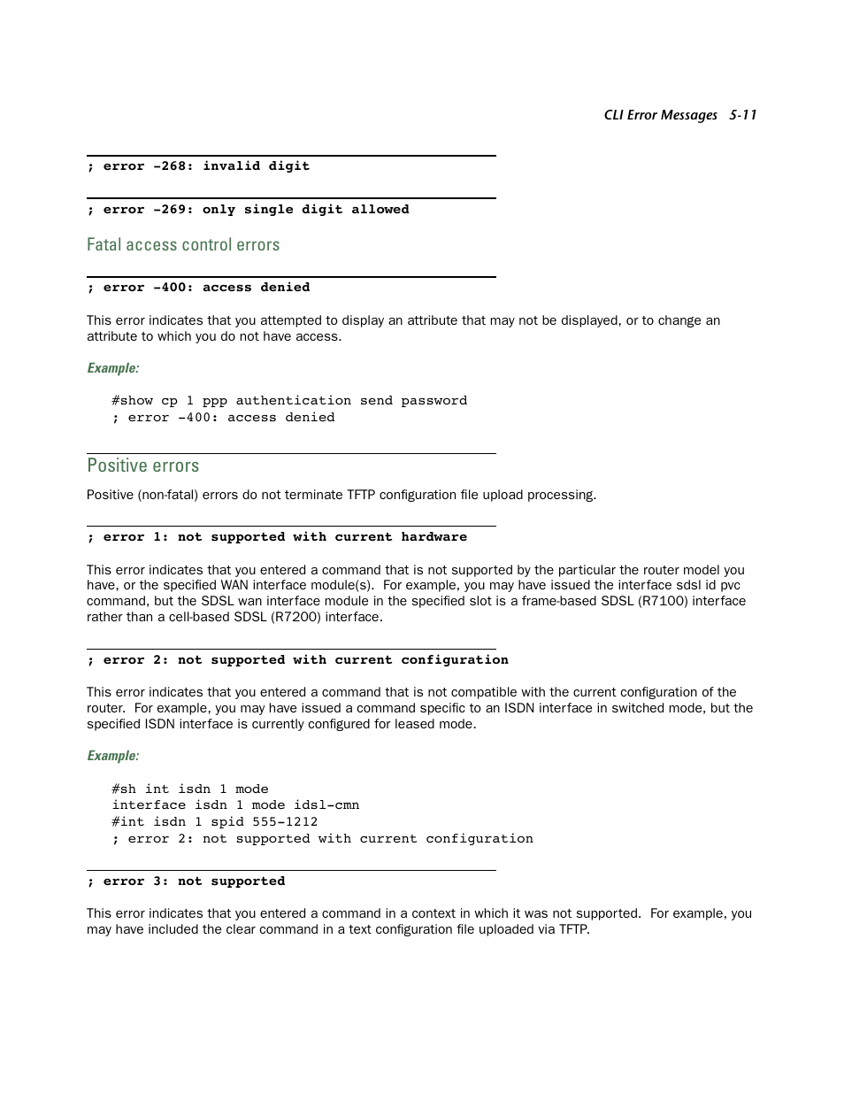 Fatal access control errors, Positive errors, Fatal access control errors -11 | Positive errors -11 | Netopia CLI 874 User Manual | Page 193 / 207