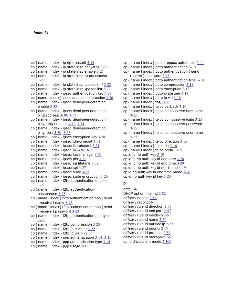 Cp { name | index } ip rip transmit 3-14, Cp { name | index } ip state-insp deny-frag 3-22, Cp { name | index } ip state-insp enable 3-21 | Cp { name | index } ip state-insp xposed-list 3-22, Cp { name | index } ipsec authentication key 3-27, Cp { name | index } ipsec dead-peer-detection 3-30, Cp { name | index } ipsec encryption key 3-28, Cp { name | index } ipsec idle-timeout 3-31, Cp { name | index } ipsec ike phase1 3-31, Cp { name | index } ipsec ip 3-26, 3-32 | Netopia CLI 874 User Manual | Page 196 / 207