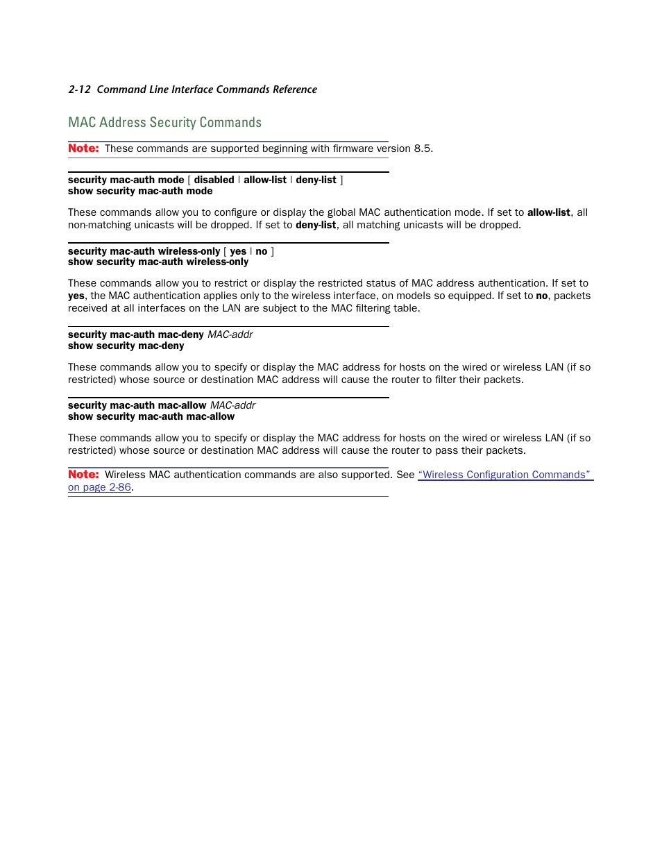 Mac address security commands, Mac address security commands -12 | Netopia CLI 874 User Manual | Page 24 / 207