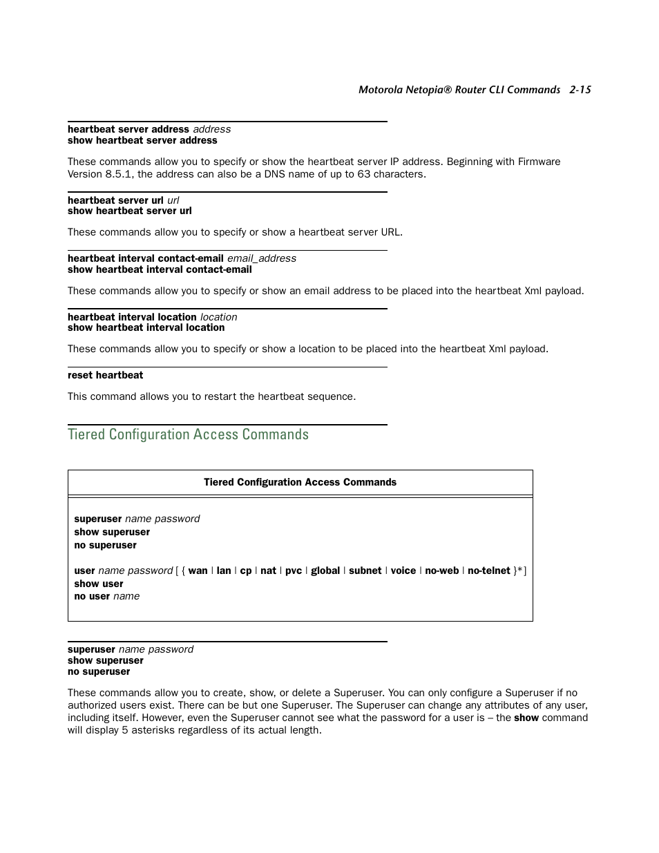Tiered configuration access commands, Tiered configuration access commands -15 | Netopia CLI 874 User Manual | Page 27 / 207