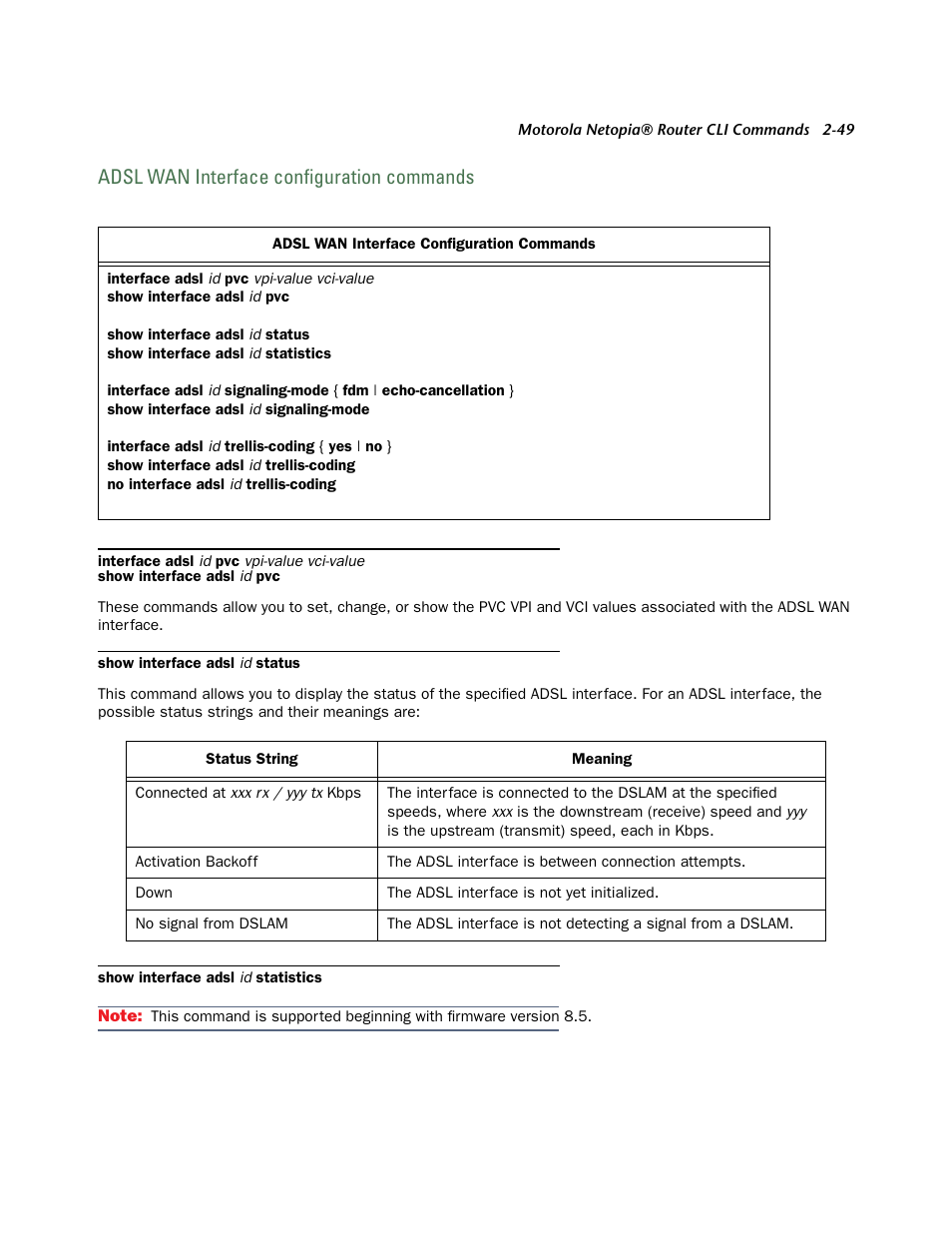 Adsl wan interface configuration commands, Adsl wan inter face configuration commands -49 | Netopia CLI 874 User Manual | Page 61 / 207