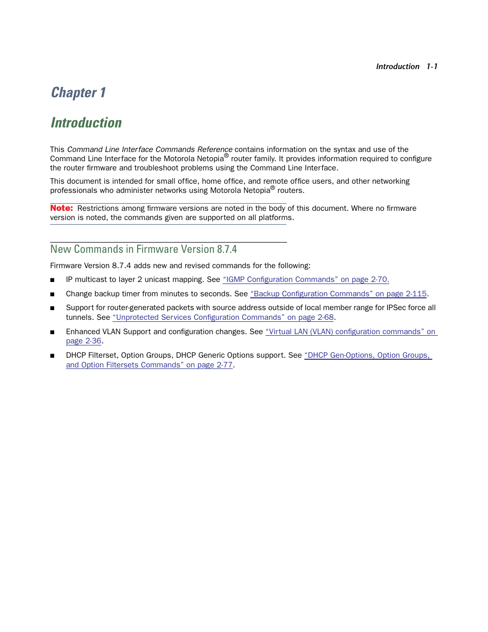 Chapter 1, Introduction, New commands in firmware version 8.7.4 | Chapter 1 — introduction -1, New commands in firmware version 8.7.4 -1, Chapter 1 introduction | Netopia CLI 874 User Manual | Page 7 / 207