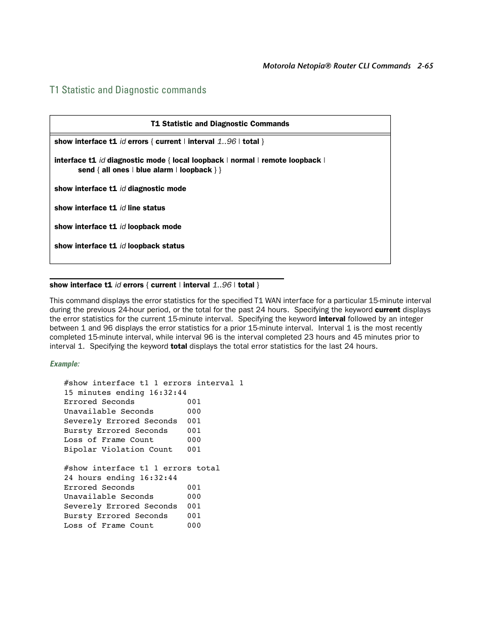 T1 statistic and diagnostic commands, T1 statistic and diagnostic commands -65 | Netopia CLI 874 User Manual | Page 77 / 207