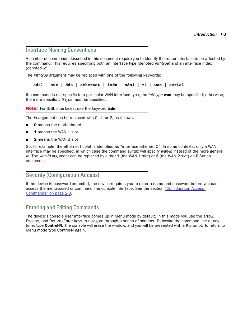 Interface naming conventions, Security (configuration access), Entering and editing commands | Inter face naming conventions -3, Security (configuration access) -3, Entering and editing commands -3 | Netopia CLI 874 User Manual | Page 9 / 207