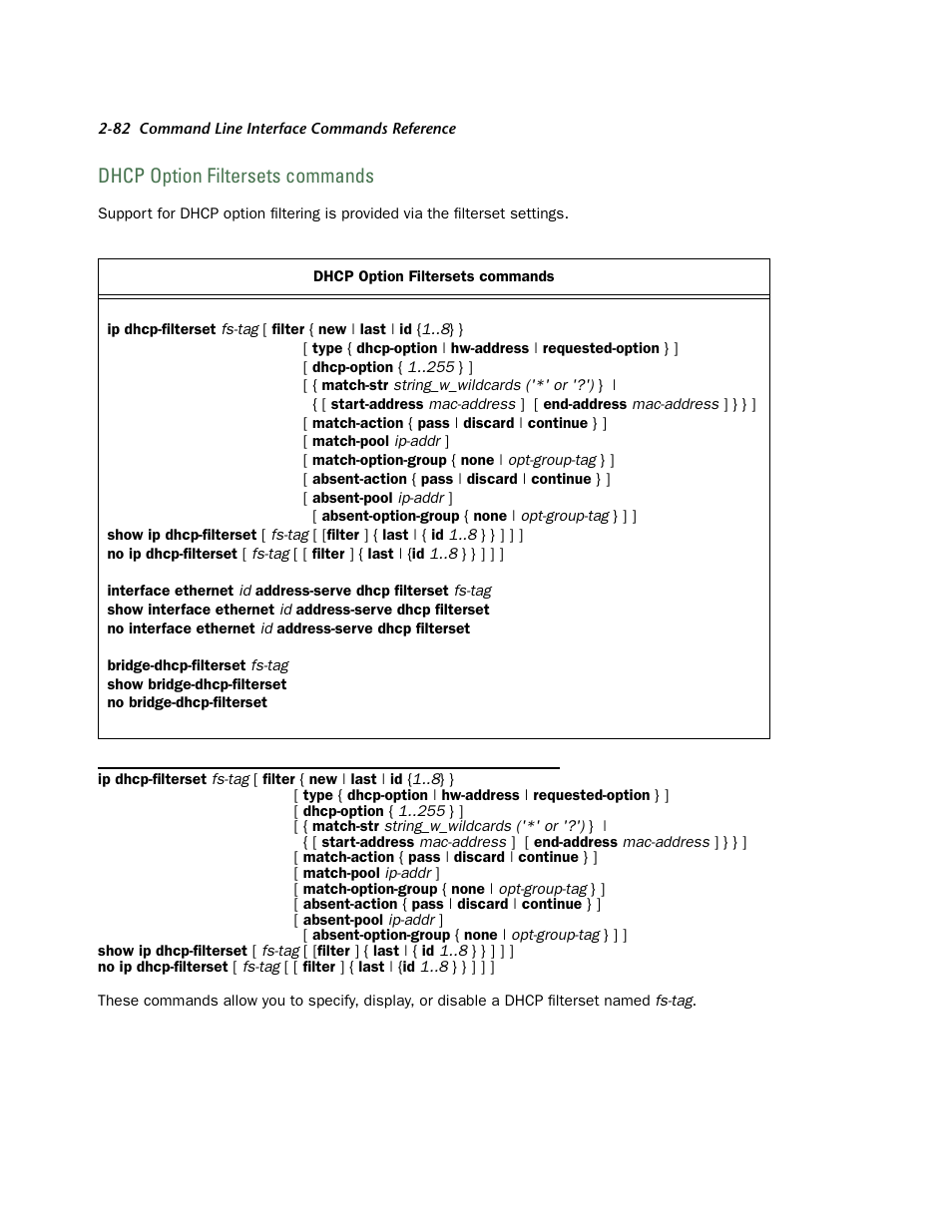 Dhcp option filtersets commands, Dhcp option filtersets commands -82 | Netopia CLI 874 User Manual | Page 94 / 207