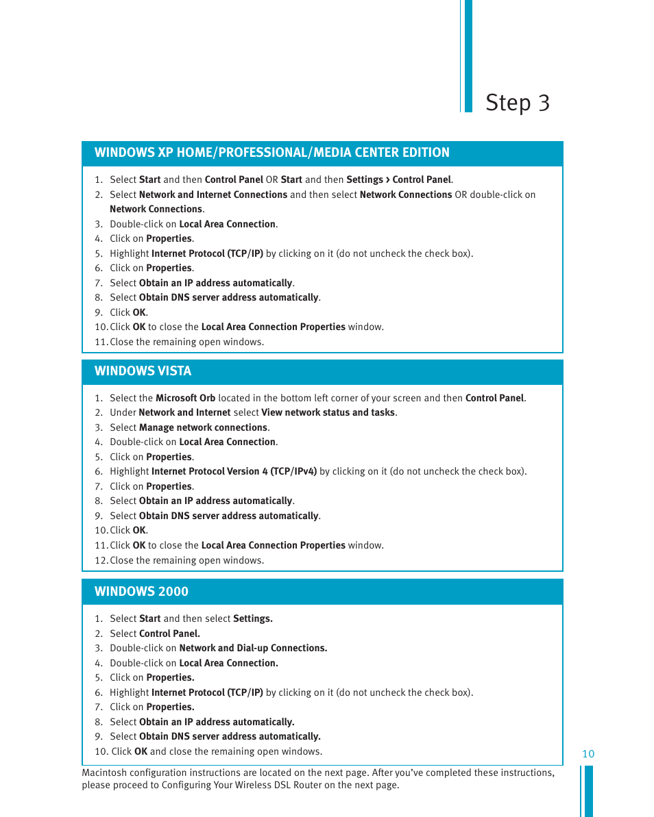 Step 3, Windows xp home/professional/media center edition, Windows 2000 | Windows vista | Netopia Network Adapte User Manual | Page 10 / 19