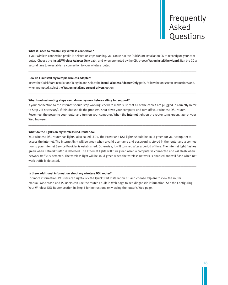 Frequently asked questions | Netopia Network Adapte User Manual | Page 16 / 19