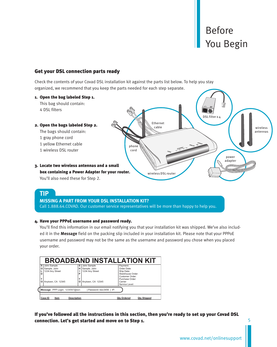 Before you begin, Broadband installation kit, Get your dsl connection parts ready | Missing a part from your dsl installation kit | Netopia Network Adapte User Manual | Page 5 / 19